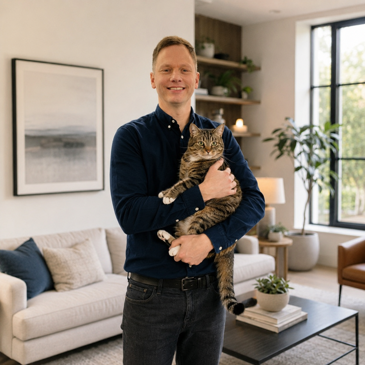 Dave King- Mad Cat Man holding his cat in his home