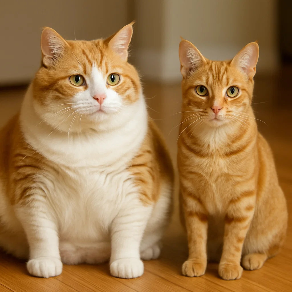 An overweight cat next to a healthy cat