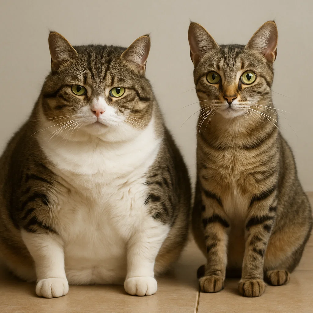 An overweight cat next to a healthy cat