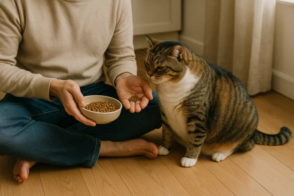 an owner feeding their cat