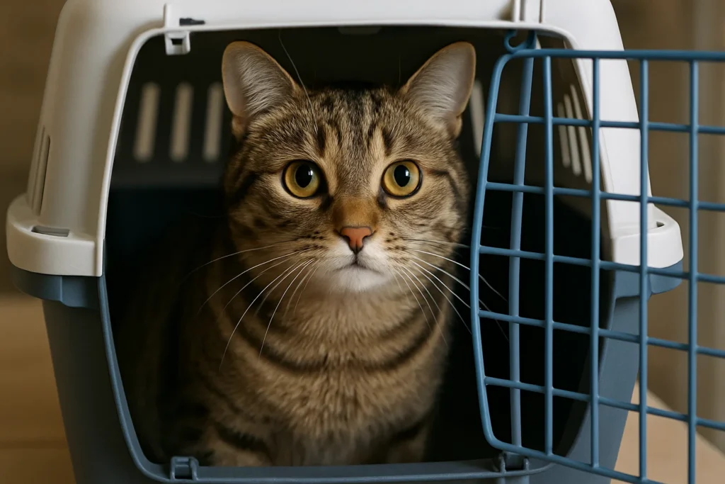 a cat in a cat carrier