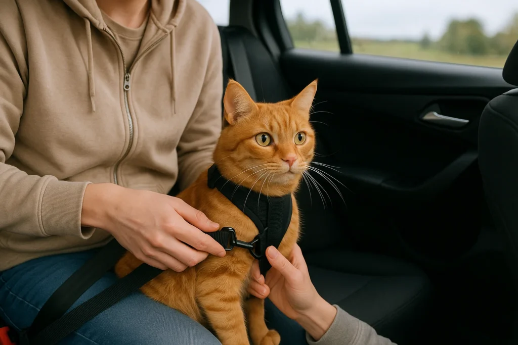an owner preparing their cat for a car journey