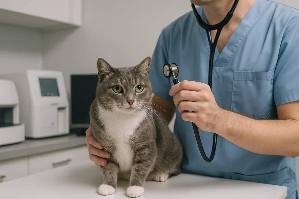 A vet diagnosing a cat