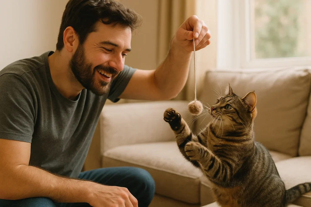 an owner playing with their cat