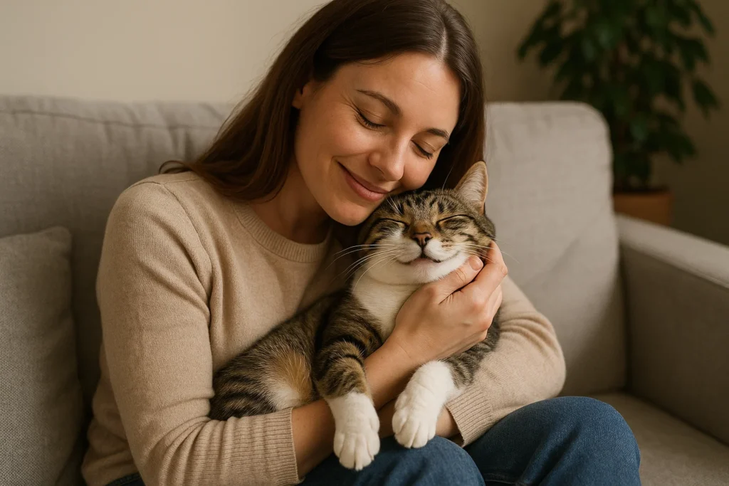 an owner cuddling a happy cat on a sofa