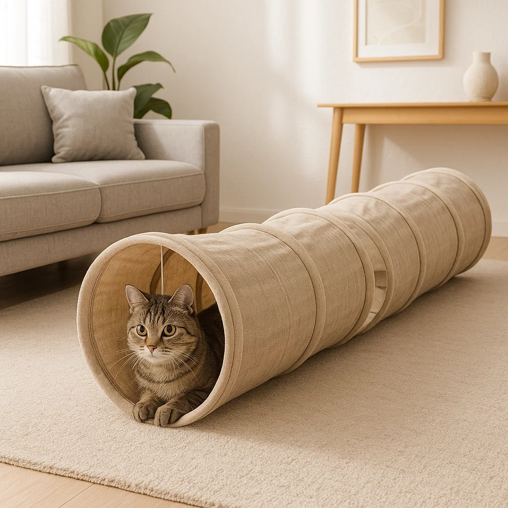 A cat in an indoor cat tunnel