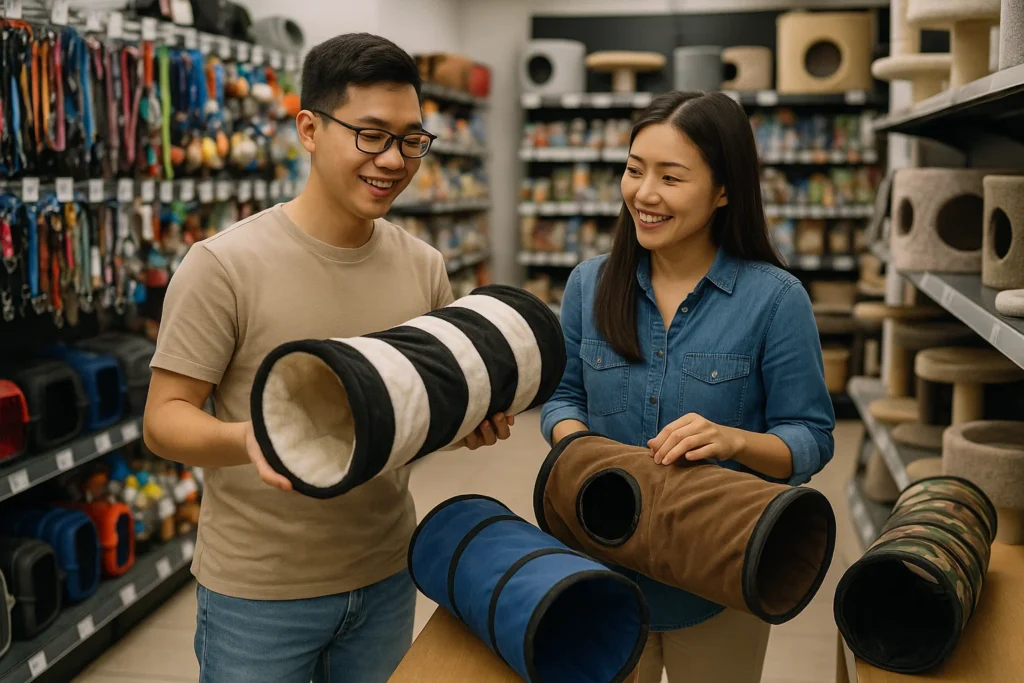 cat owners shopping for indoor cat tunnels at a pet store