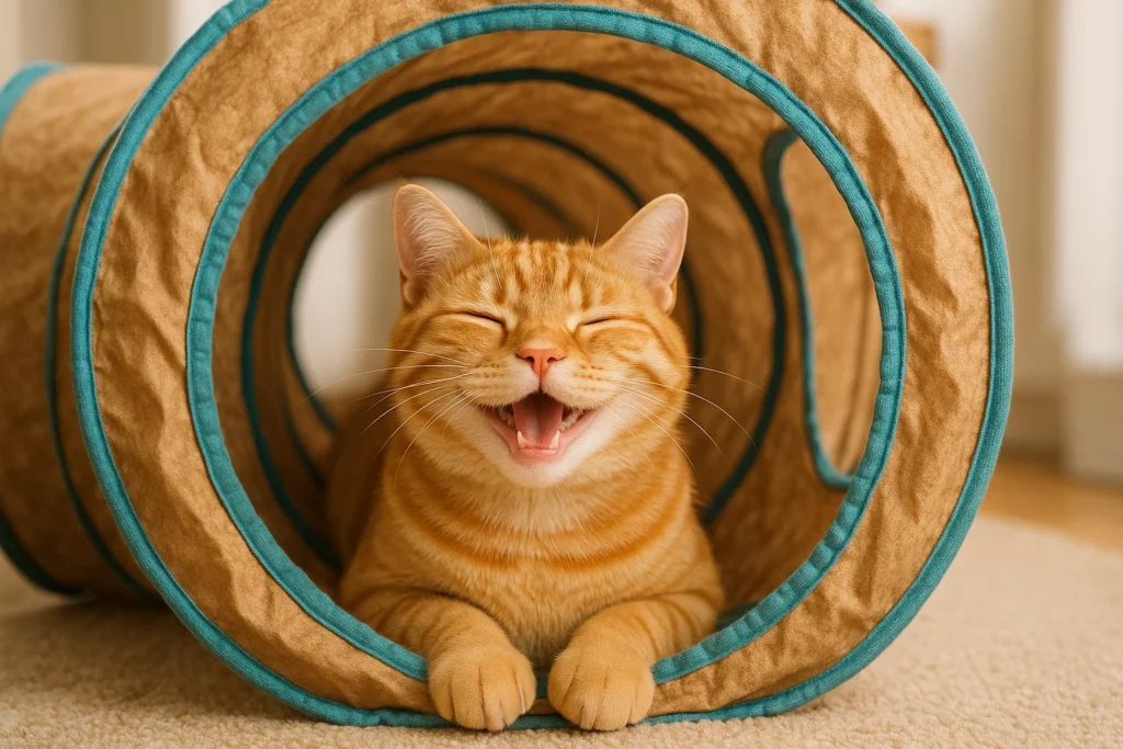 A happy cat in an indoor cat tunnel