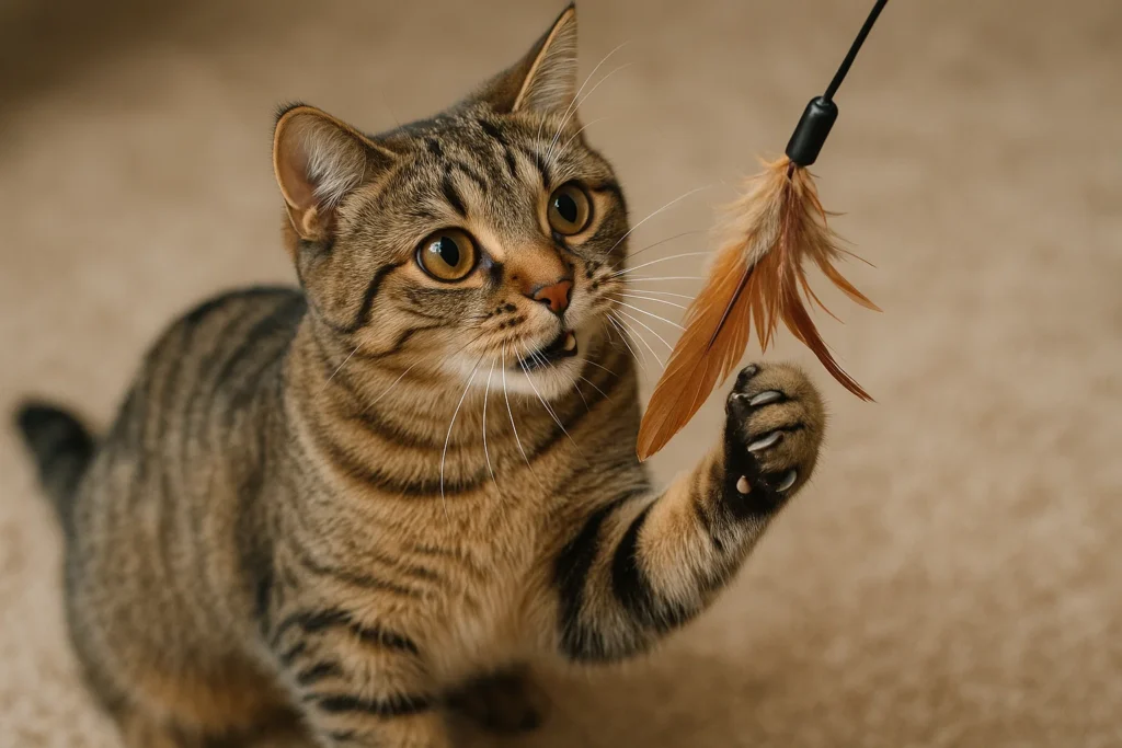 A cat playing with a feather toy