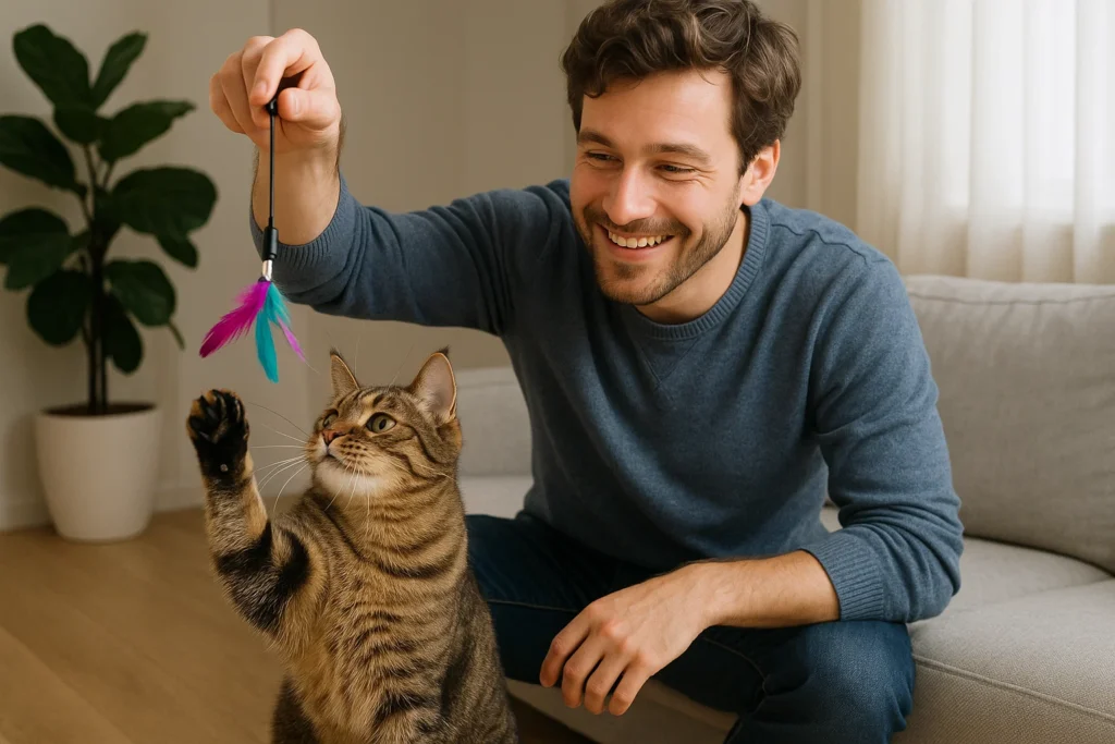 an owner and a cat playing with a feather toy for cats