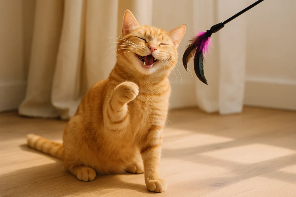 a happy cat playing with a feather toy