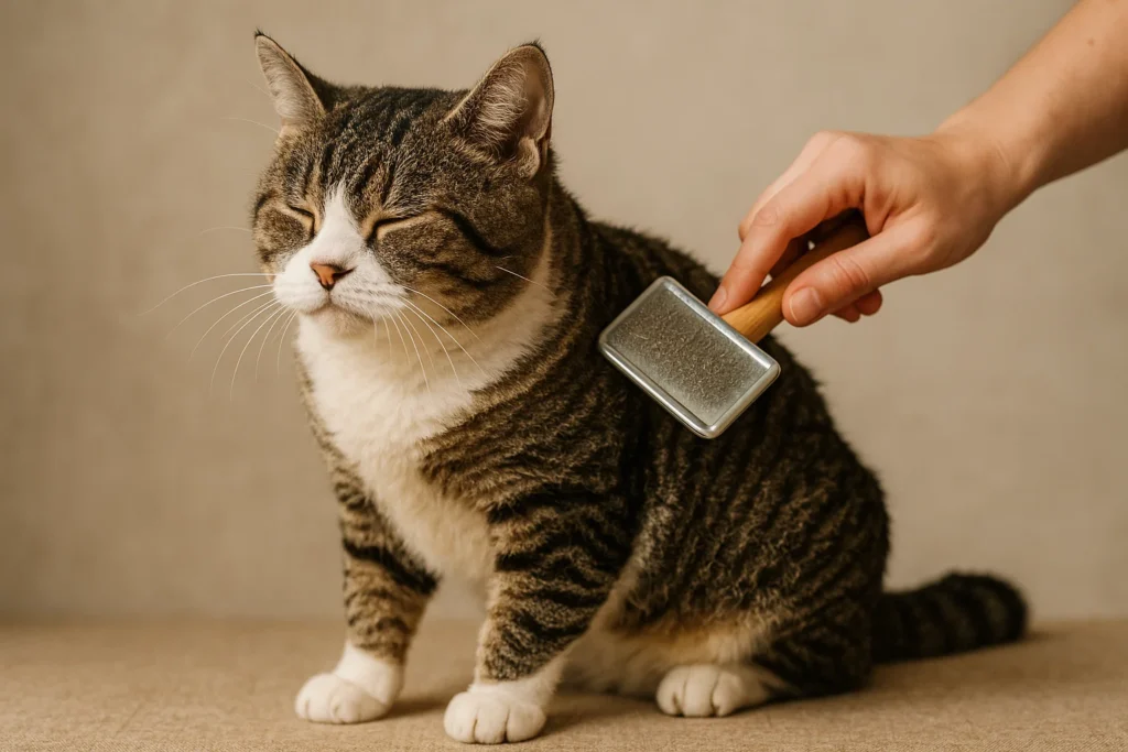 An owner grooming an american wirehair cat