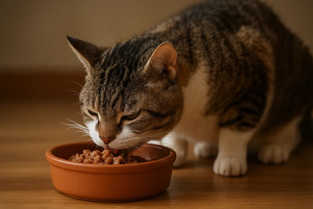 An American wirehair cat eating dinner
