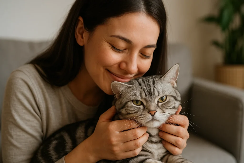 an owner caring for their American Shorthair cat