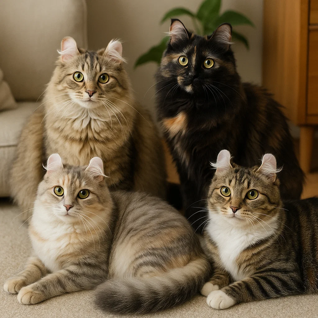 A group of four American Curl cats