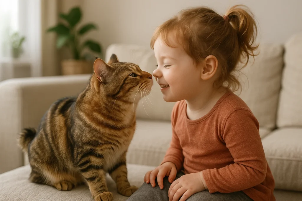 An American bobtail cat nose to nose with a child