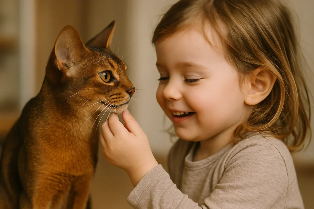 An Abyssinian Cat interacting with a child