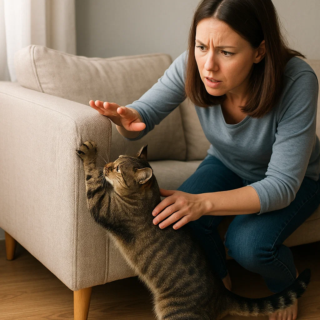 a cat owner struggles with how to stop a cat from scratching furniture 