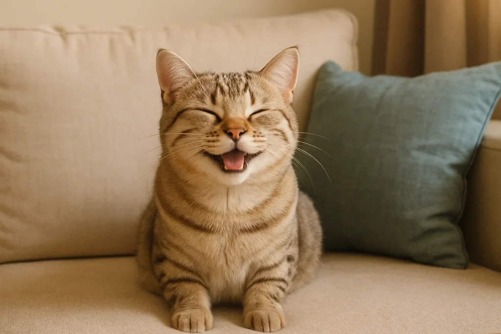 a happy cat on a sofa