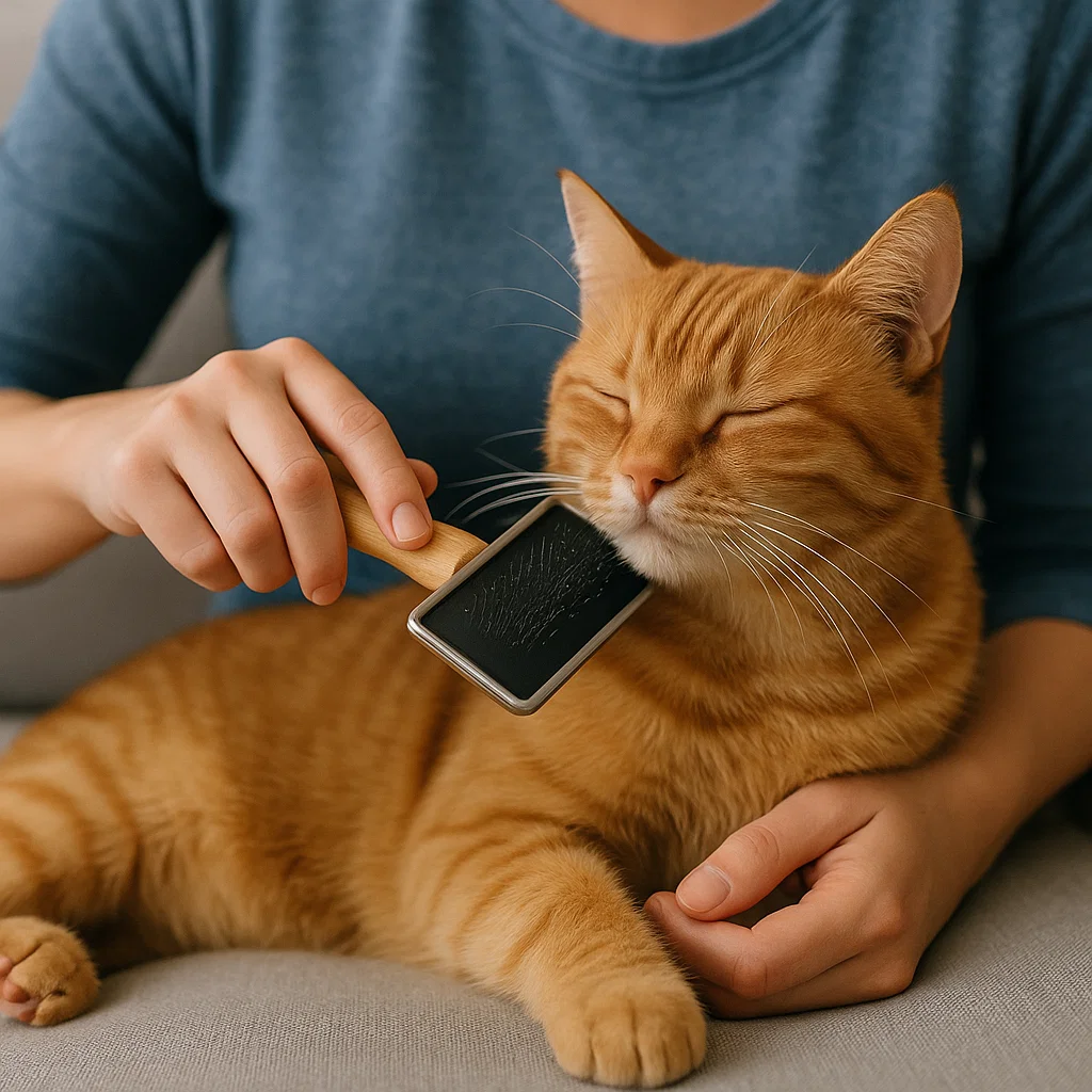 someone demonstrating how to groom a cat