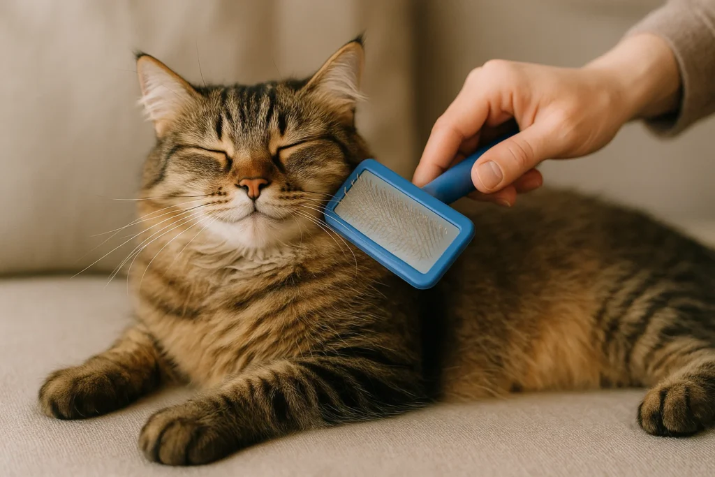 someone grooming a relaxed cat