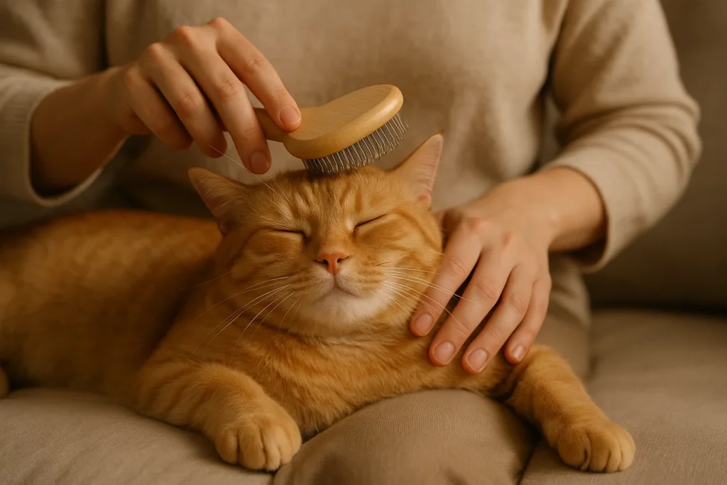 someone grooming a relaxed cat