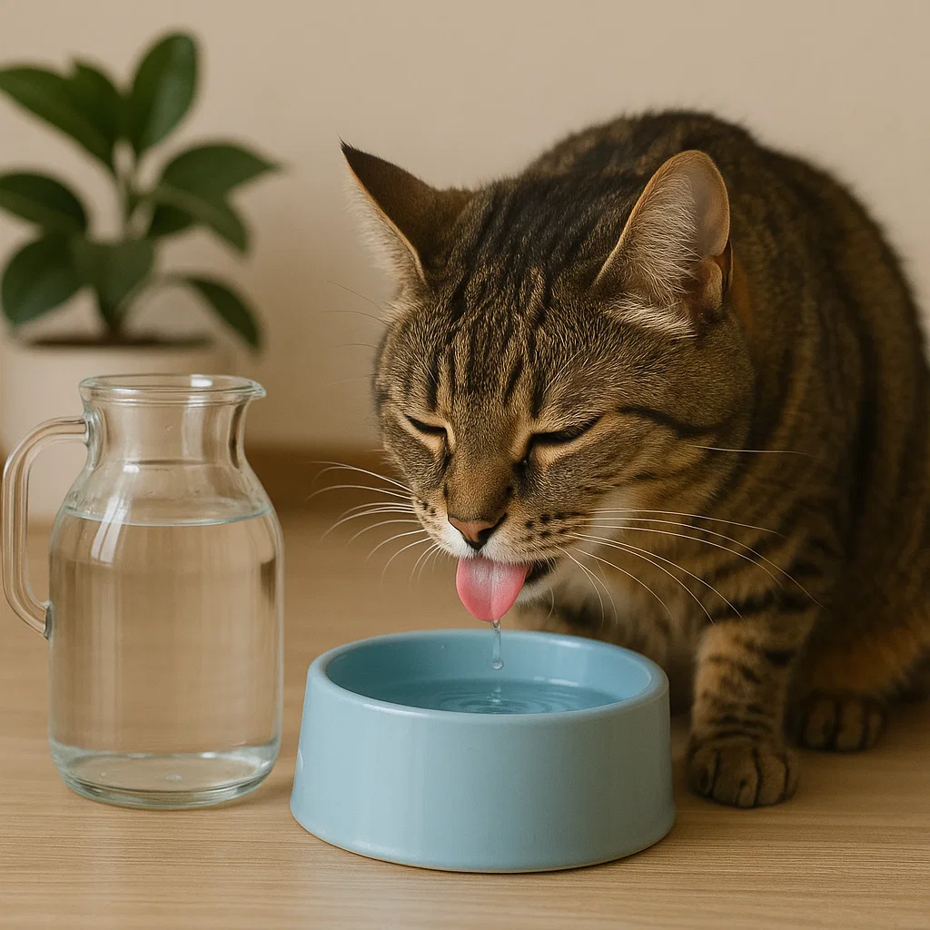 A cat drinking water out of it's bowl- signifying the water importance for cats 