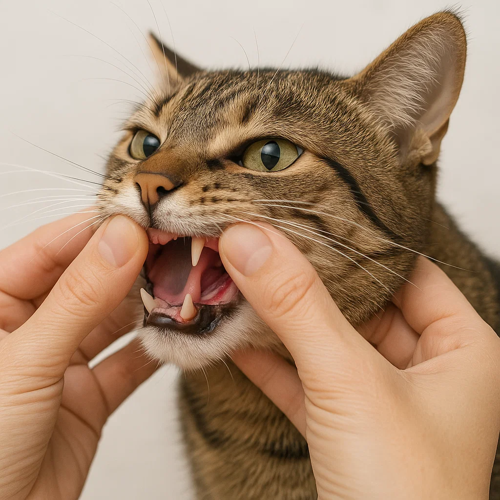 An owner inspecting cat gum health 