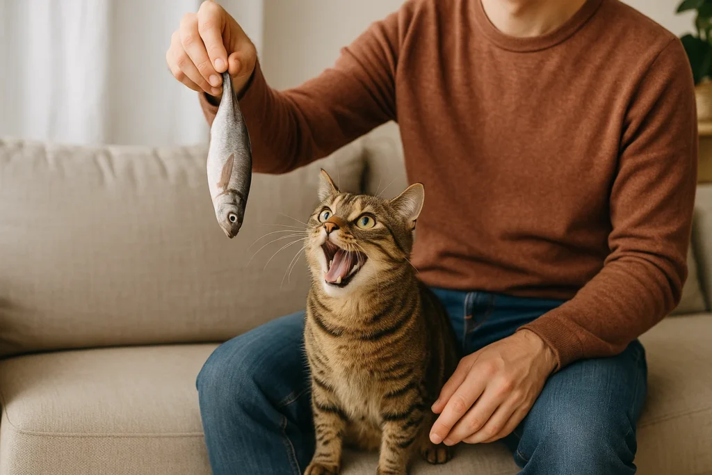 An owner dangling raw fish to an excited cat