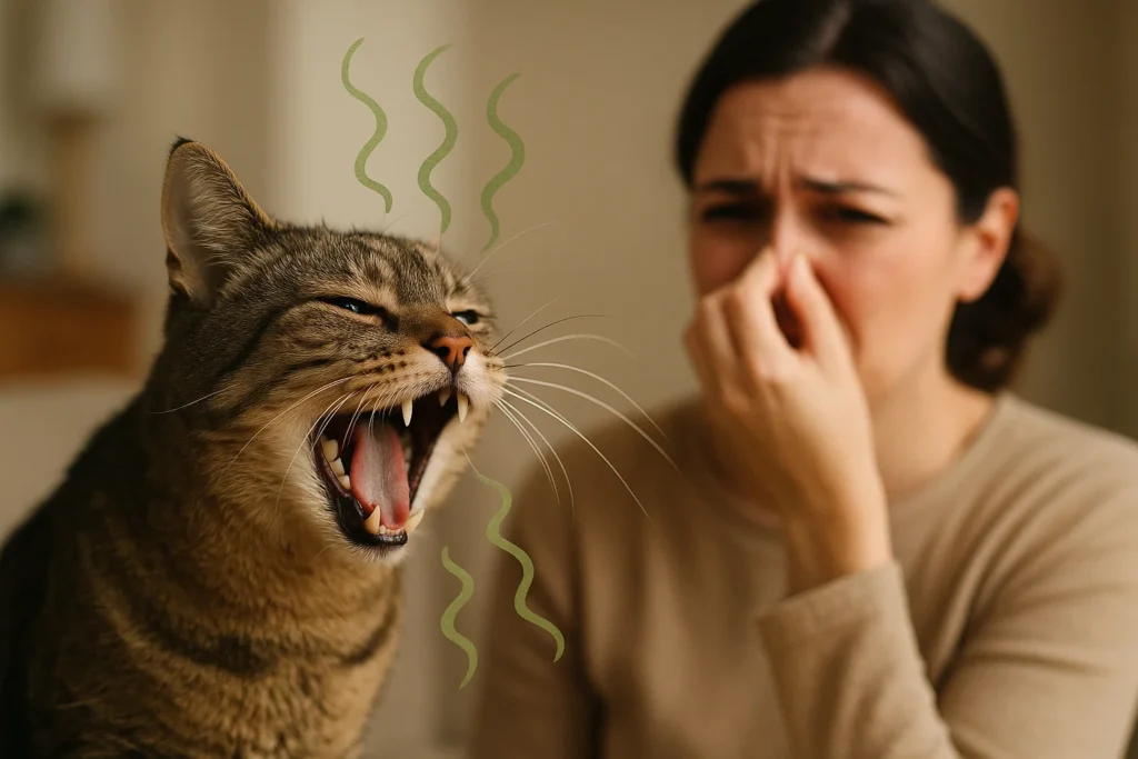 A cat with bad breath and the owner holding their nose in the background