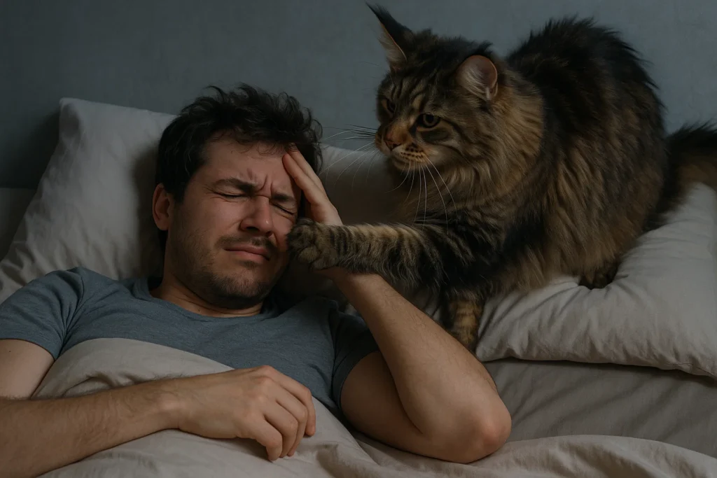 A Maine coon cat bothering its owner when they're trying to sleep