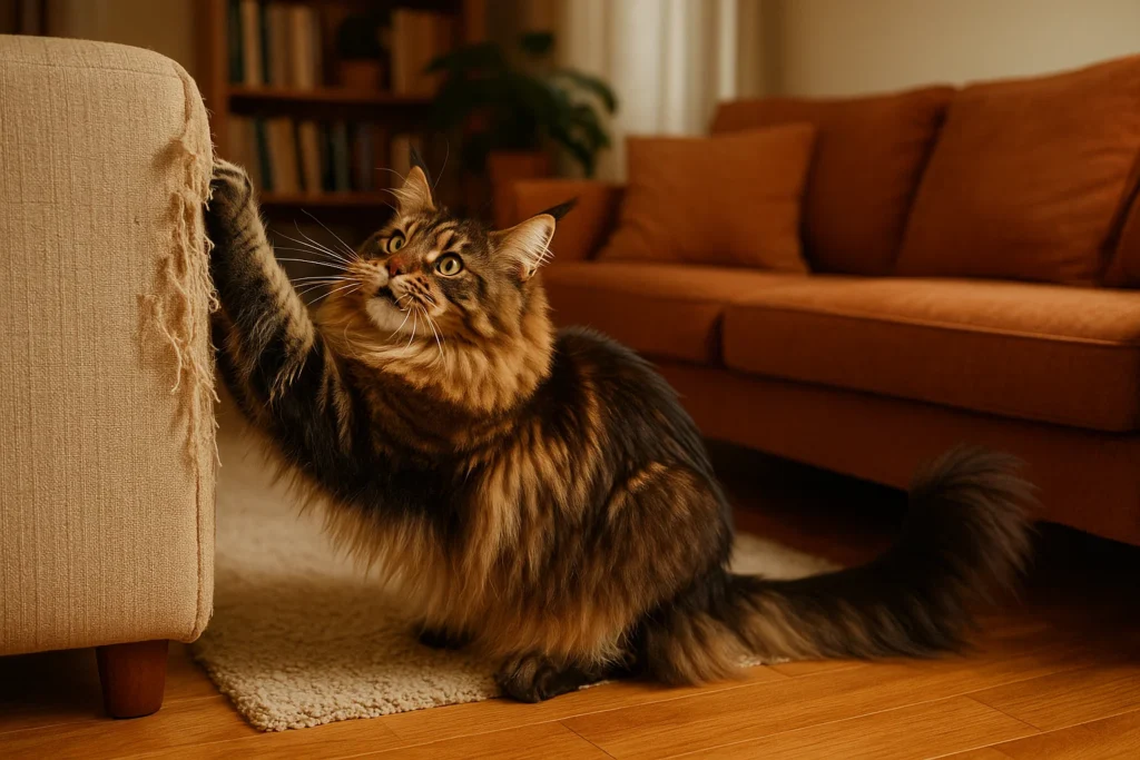 A Maine coon cat scratching up furniture in its home