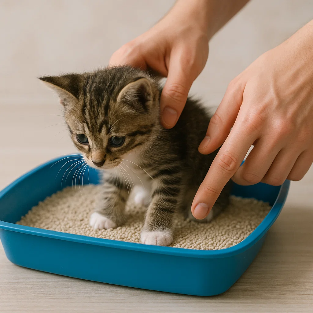 An owner litter training a kitten
