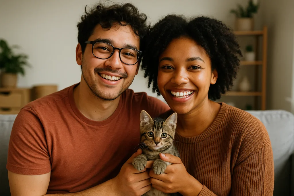 New cat owners holding their cat