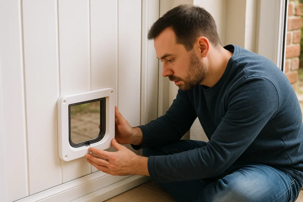 a man demonstrating how to fit a cat flap