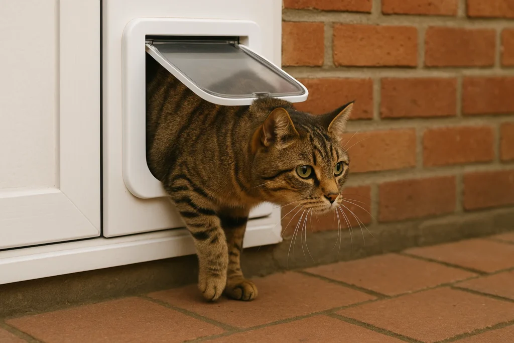 a cat exiting its home through a cat flap