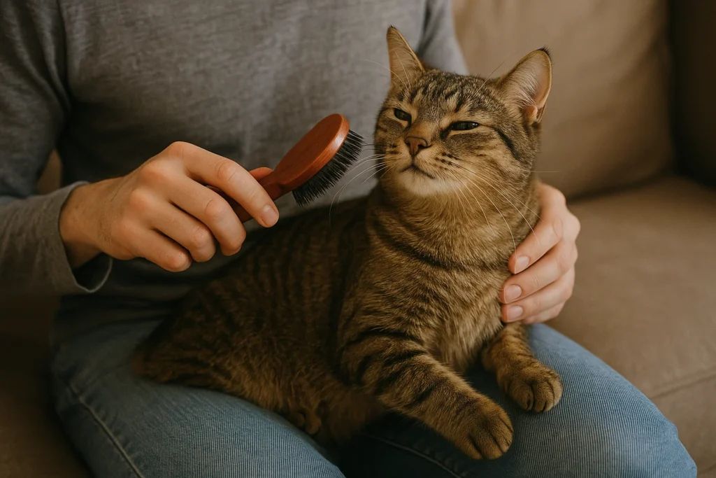 an owner brushing their cat