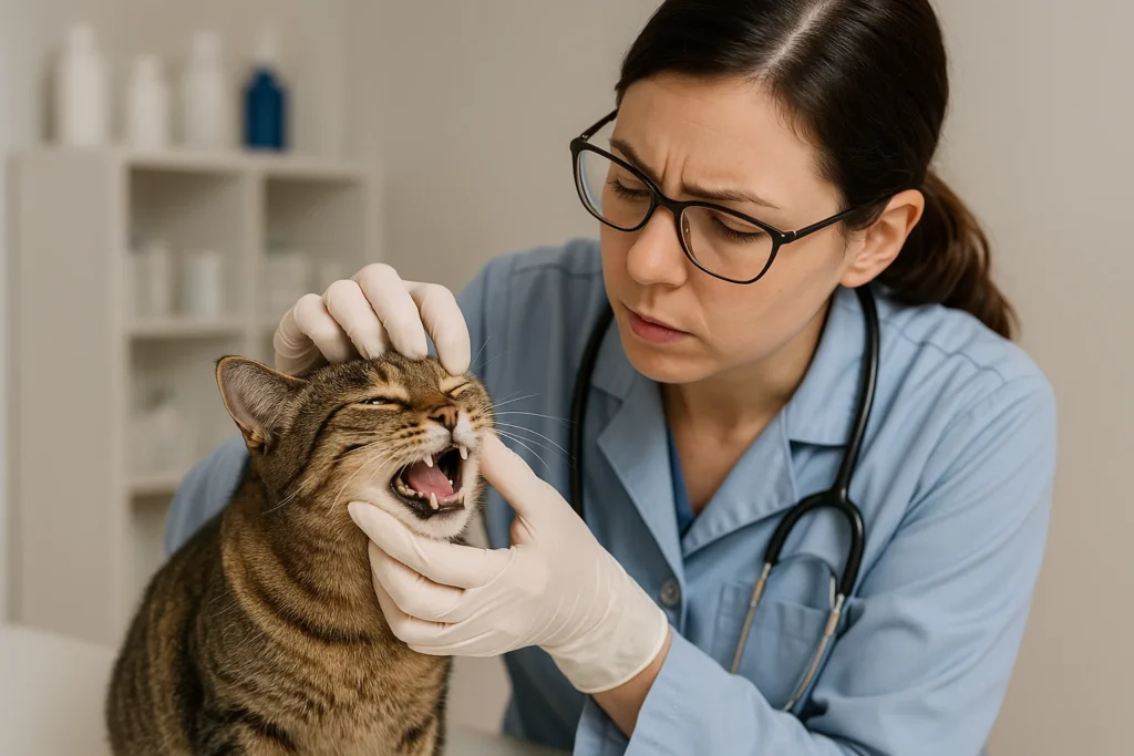 A vet diagnosing cat teeth grinding
