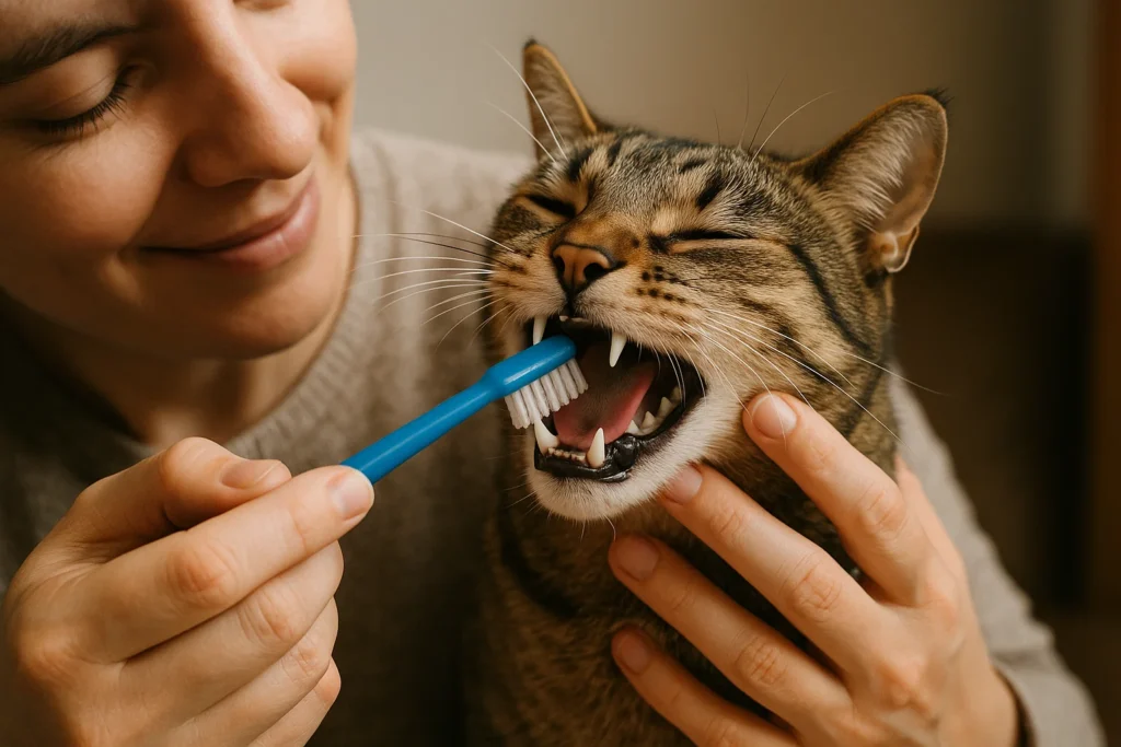An owner brushing their cats teeth