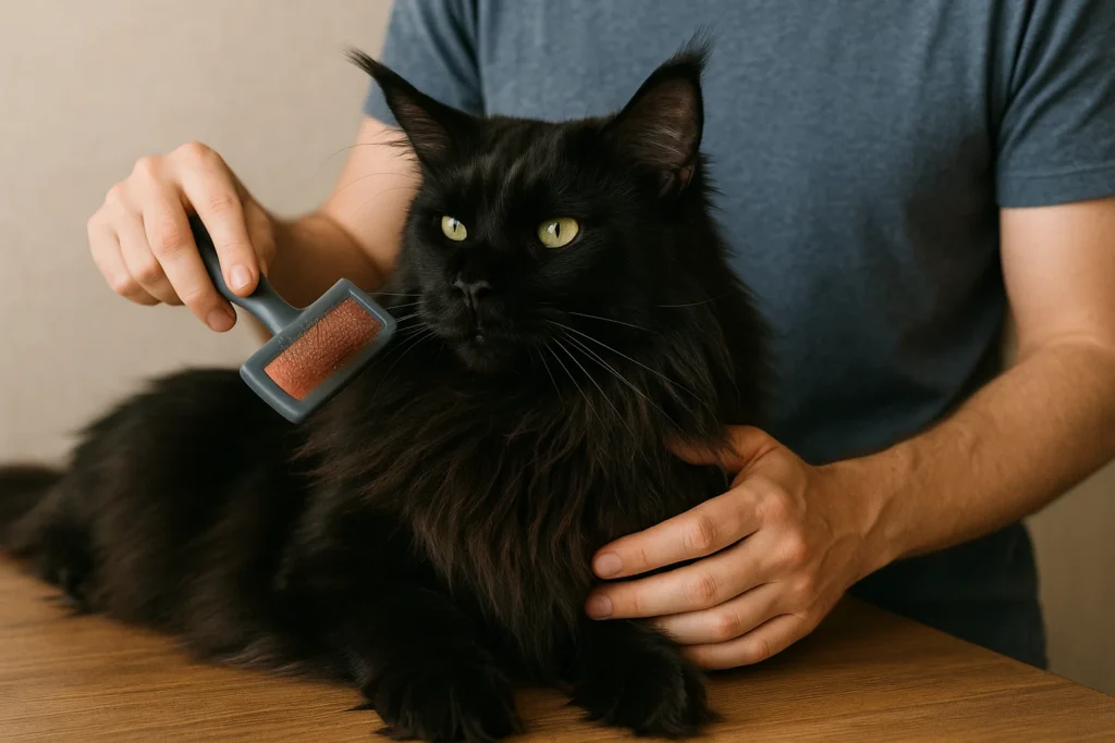 A black Maine Coon cat being brushed by their owner