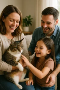 a family introduce a rescue cat to a new home