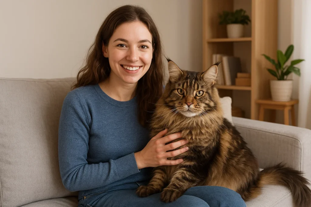 A woman living with a maine coon cat