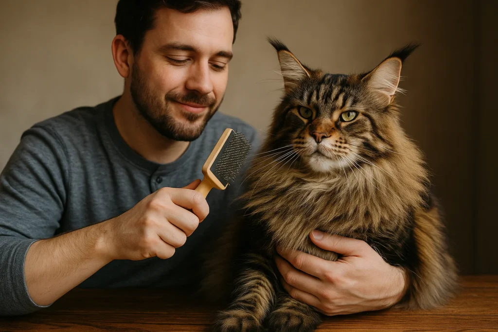A cat owner grooming a maine coon cat