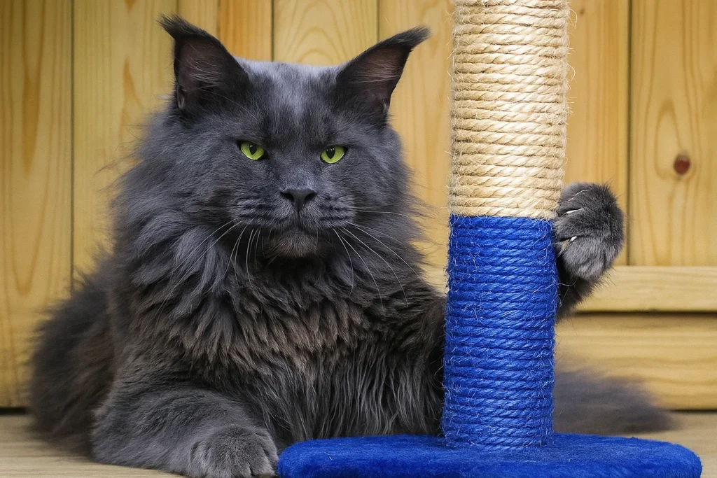 a russian maine coon cat playing with a scratch post