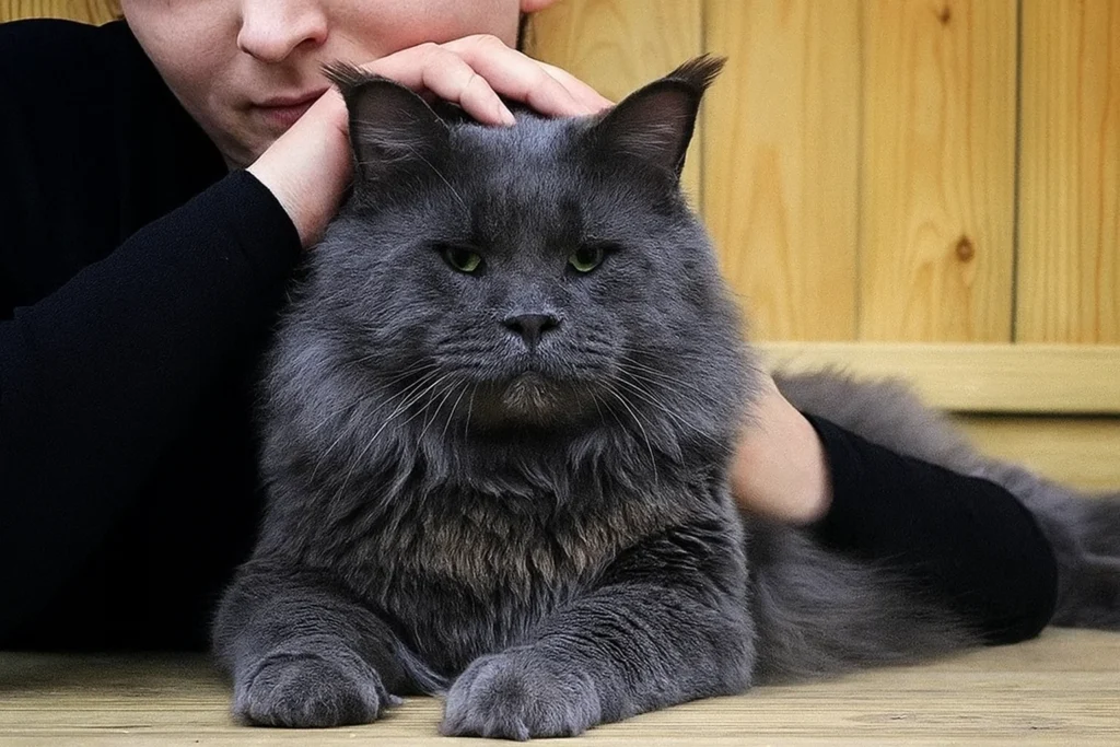 an owner cuddling a Russian maine coon cat