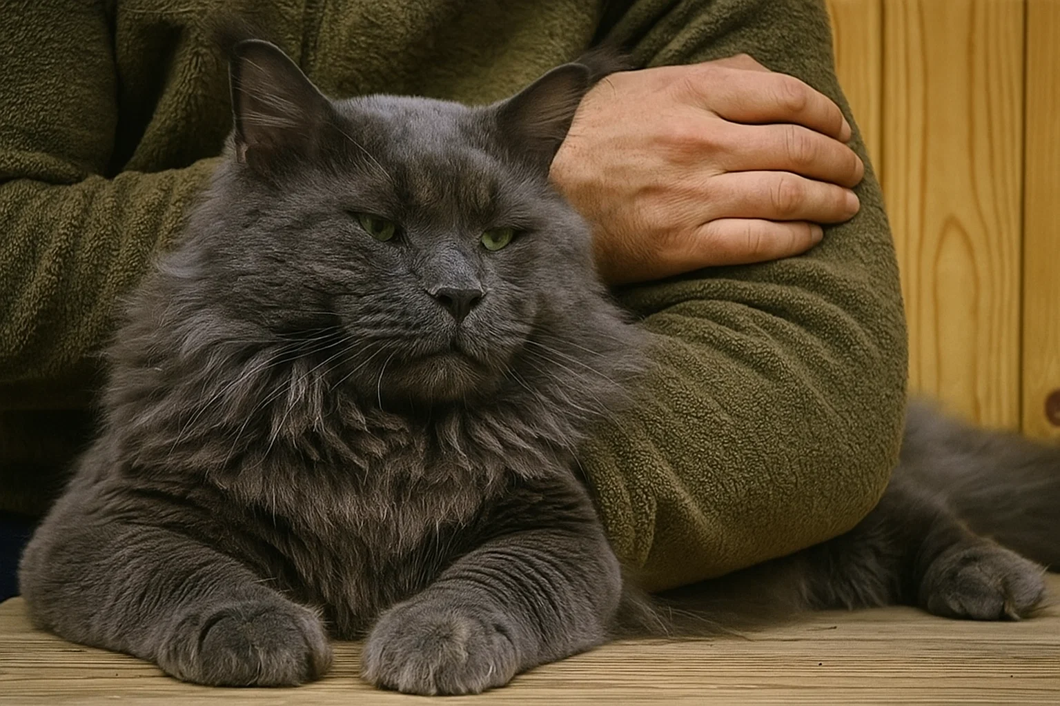 an owner cuddling a Russian maine coon cat