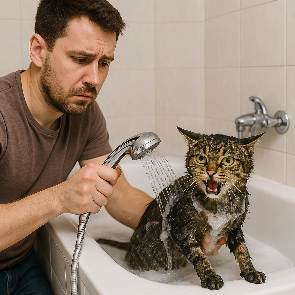 an owner bathing a cat that hates water