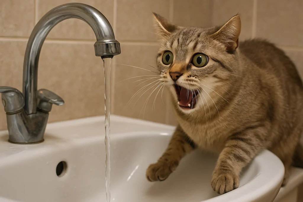 a cat being scared of a tap flowing with water