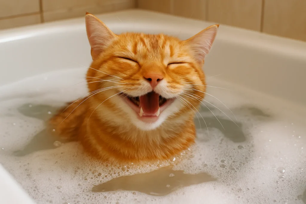 a happy cat in a bath