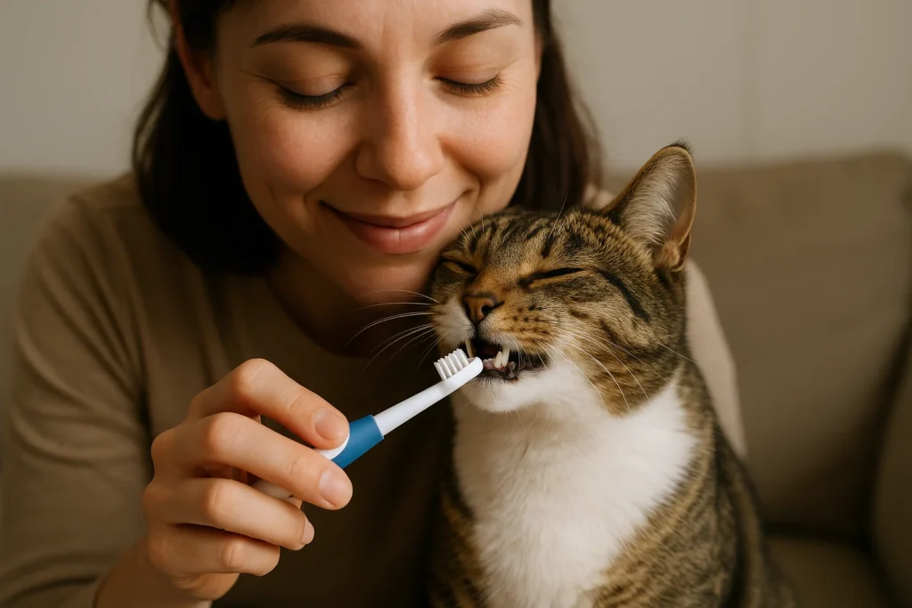 A female cat owner engaging in some cat teeth cleaning with their cat at home on the sofa with a toothbrush